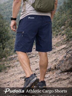 Pudolla Athletic Cargo Shorts Mens Large Navy Blue Stretch Lightweight Zip Pocke
